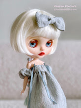 Load image into Gallery viewer, Dusty Blue Shoulder Puff Dress with beads